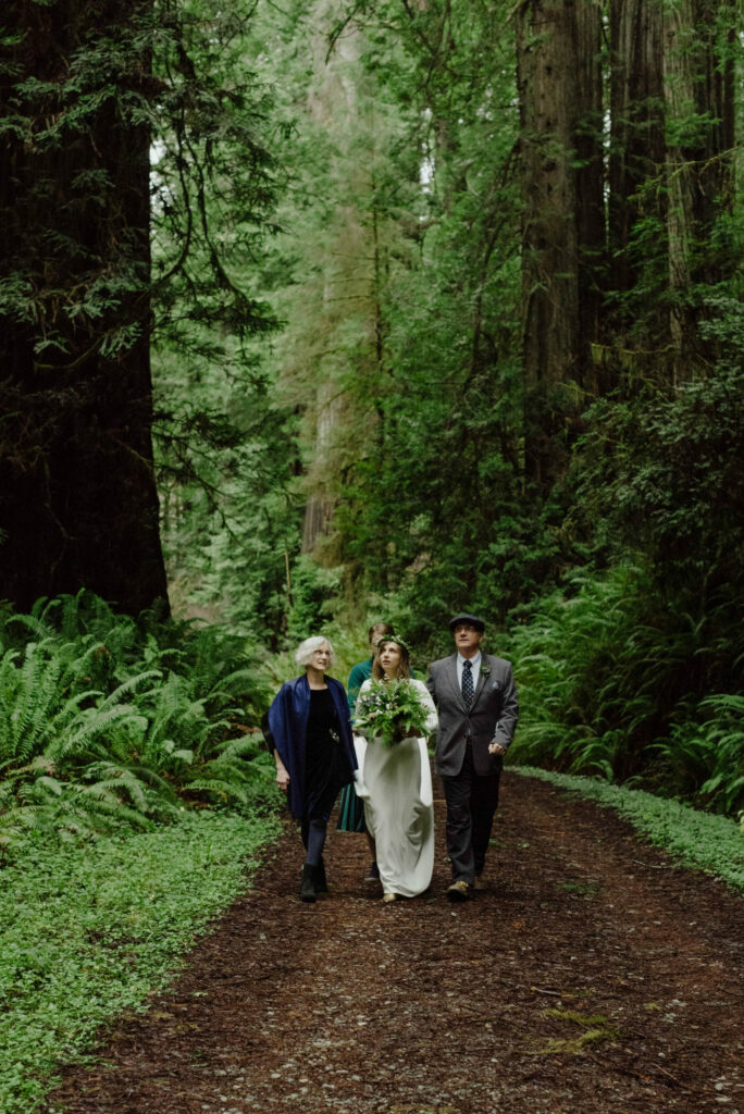 Bride walks down redwood pathway with parents before wedding ceremony