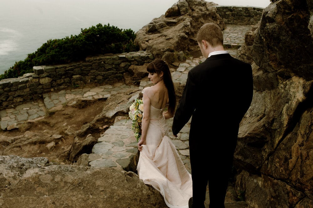 Intimate-Sue-Meg-state-park-wedding-couple-descends-stairs