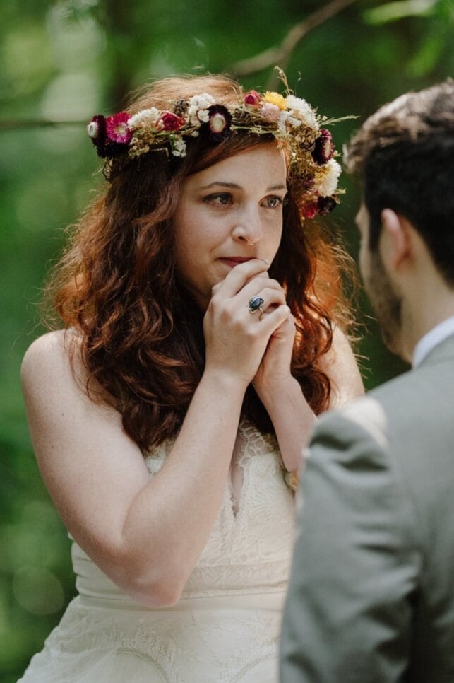 Bride with floral crown in redwood forest
