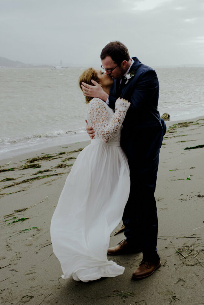 Windy elopement on Humboldt Bay in Northern California