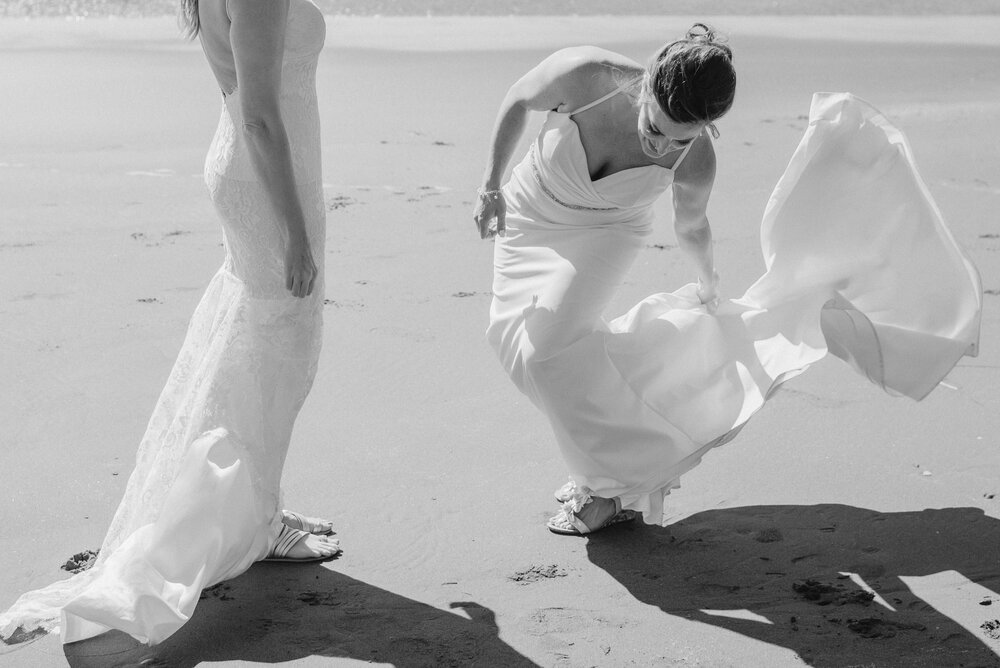 Two brides on a windy Humboldt beach