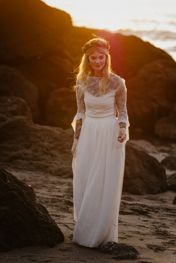 Bride in lace gown and floral crown on Luffenholtz Beach