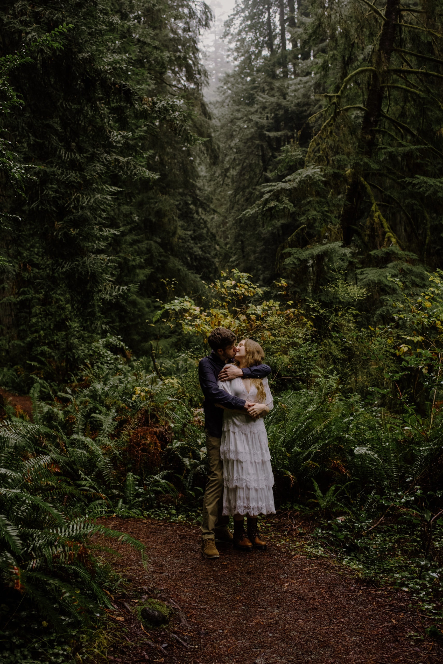 Rainy winter engagement session at Prairie Creek in Redwood National Park