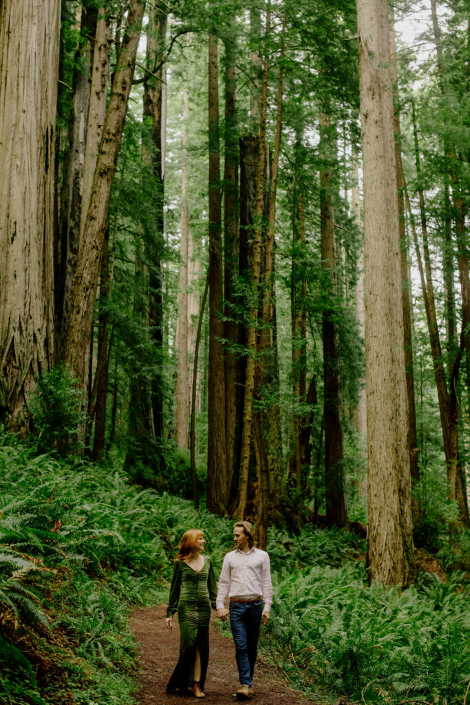 Elopement session in Prairie Creek Redwoods with married in green velvet dress