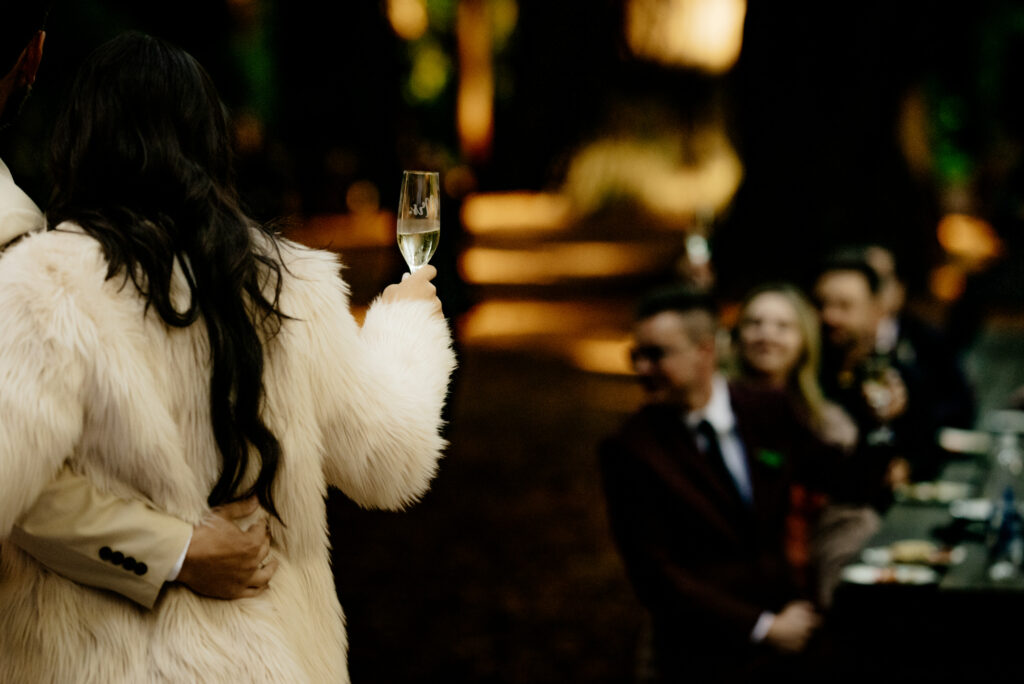 Bride lifts a champagne toast to guests at intimate destination wedding in the redwoods in Northern California.