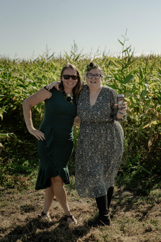 Guests pose together after escaping from the corn maze at a Humboldt County wedding