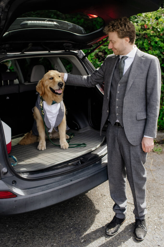 Groom pets golden retriever in Subaru during a break between wedding events in HUMBOLDT COUNTY
